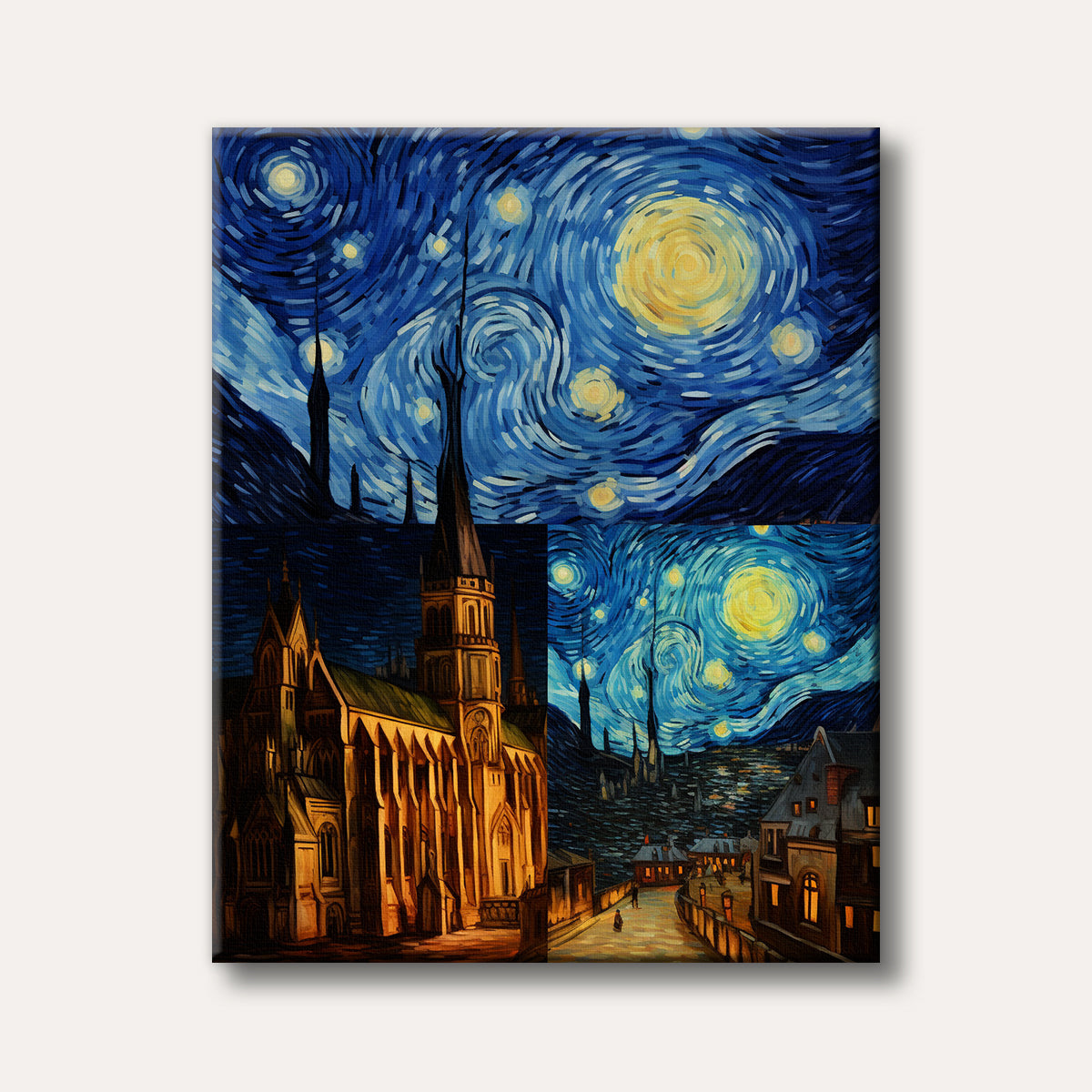 A triptych painting combining a vibrant Starry Night sky with an illuminated gothic cathedral and a charming European street scene, all in a distinct impressionistic style.