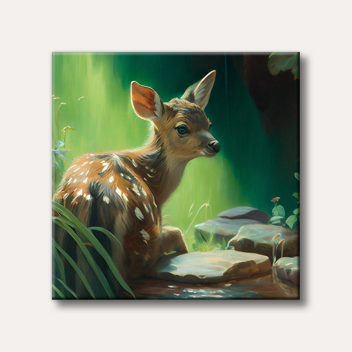 A young, spotted fawn with large ears and striking blue eyes rests calmly by a clear stream amidst vibrant green forest foliage and natural rocks, painted in a realistic style.