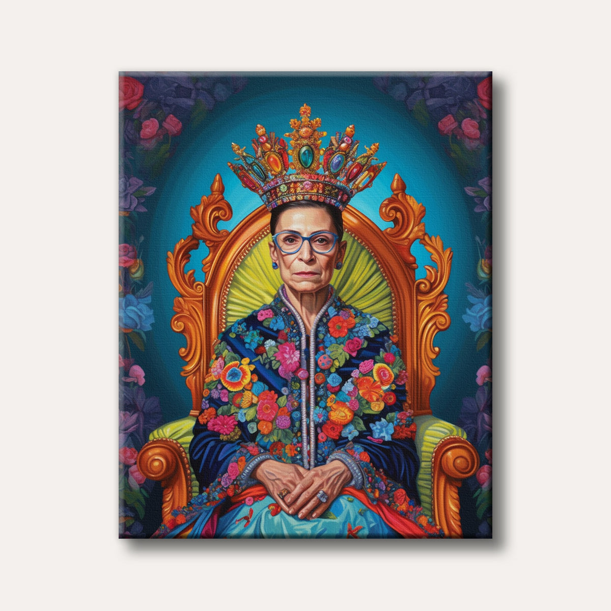 A vibrant and detailed portrait painting of a woman wearing an elaborate bejeweled crown and a richly embroidered floral robe, seated on a golden throne against a blue floral background.