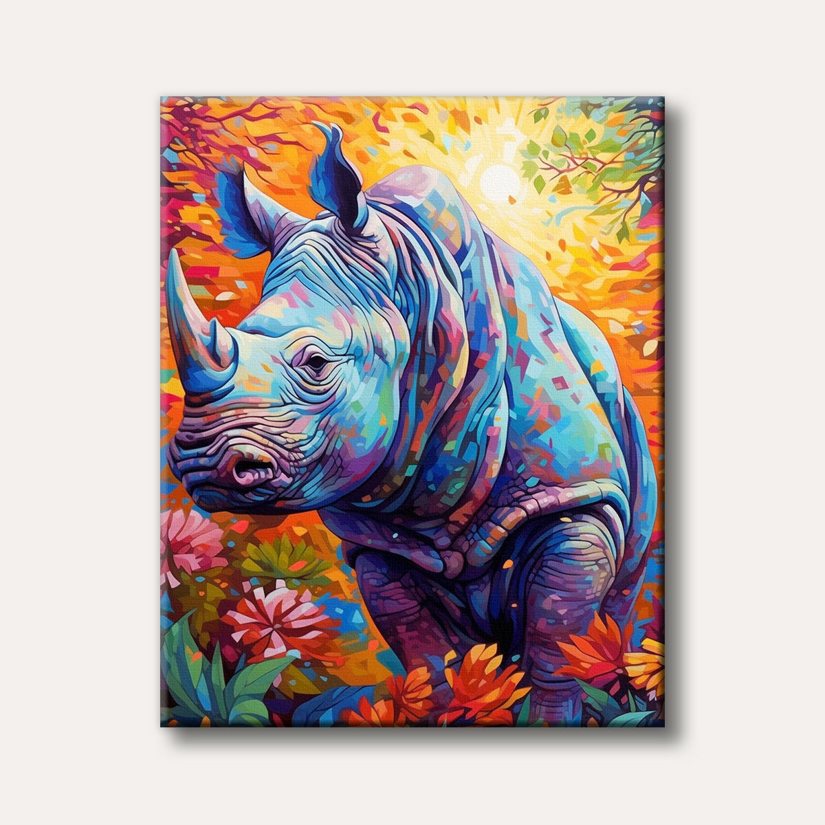 A rhinoceros rendered in a bold, vibrant abstract style with geometric blocks of blue, purple, and pink, set against an energetic orange and yellow background with colourful foliage.