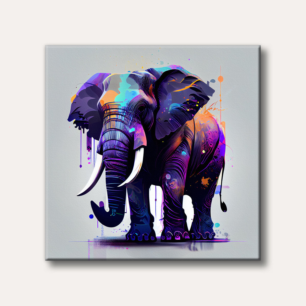 A majestic elephant rendered in a dynamic, abstract style with vibrant neon purples, blues, and oranges, against a light background.