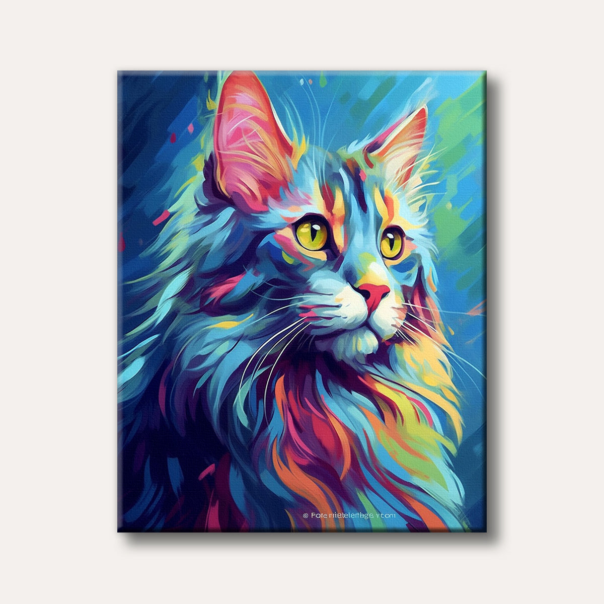 A colourful long-haired cat portrait with its fur painted in vivid, contrasting shades of blue, pink, orange, and yellow, set against a dark blue background in an expressive, painterly style.