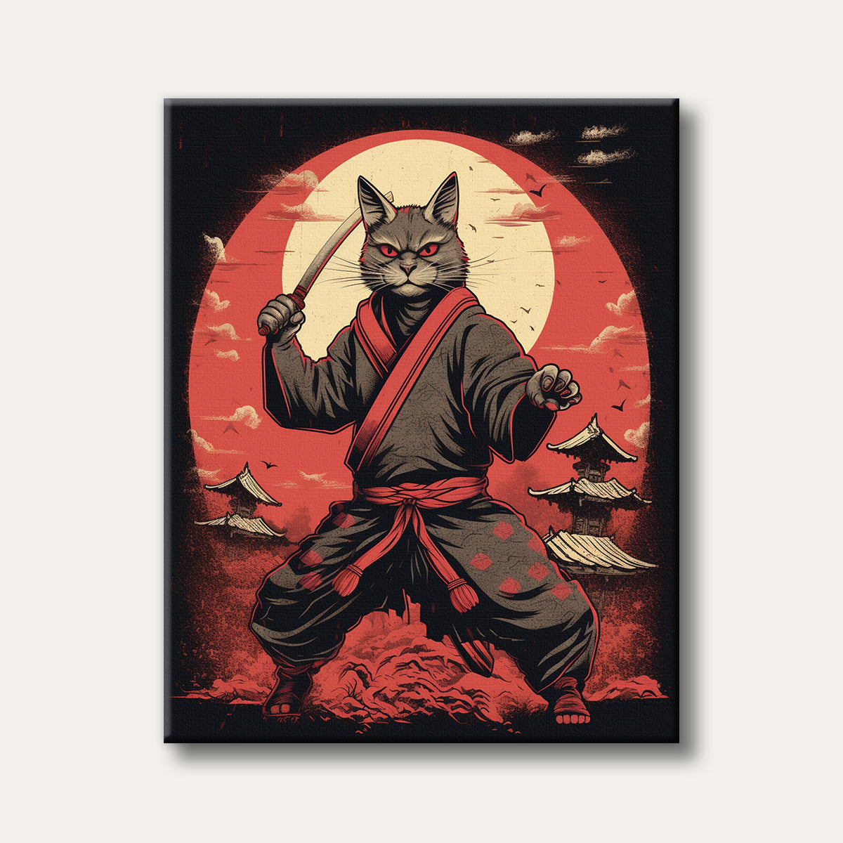 A fierce grey cat warrior in samurai attire with a katana stands before a red sun and Japanese pagodas, depicted in a bold, graphic novel art style.