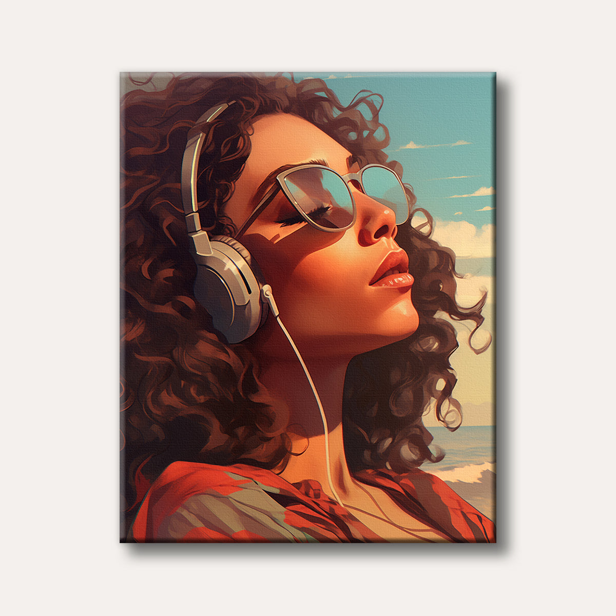 A vibrant illustration of a woman with curly hair, sunglasses, and headphones, bathed in warm sunset light, looking towards a bright blue sky with subtle clouds and a hint of ocean.