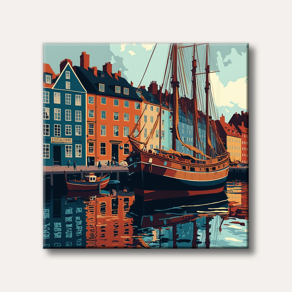 A stylized painting depicting a lively harbor with colourful buildings and a large sailing ship reflected in the water, in a modern graphic art style.