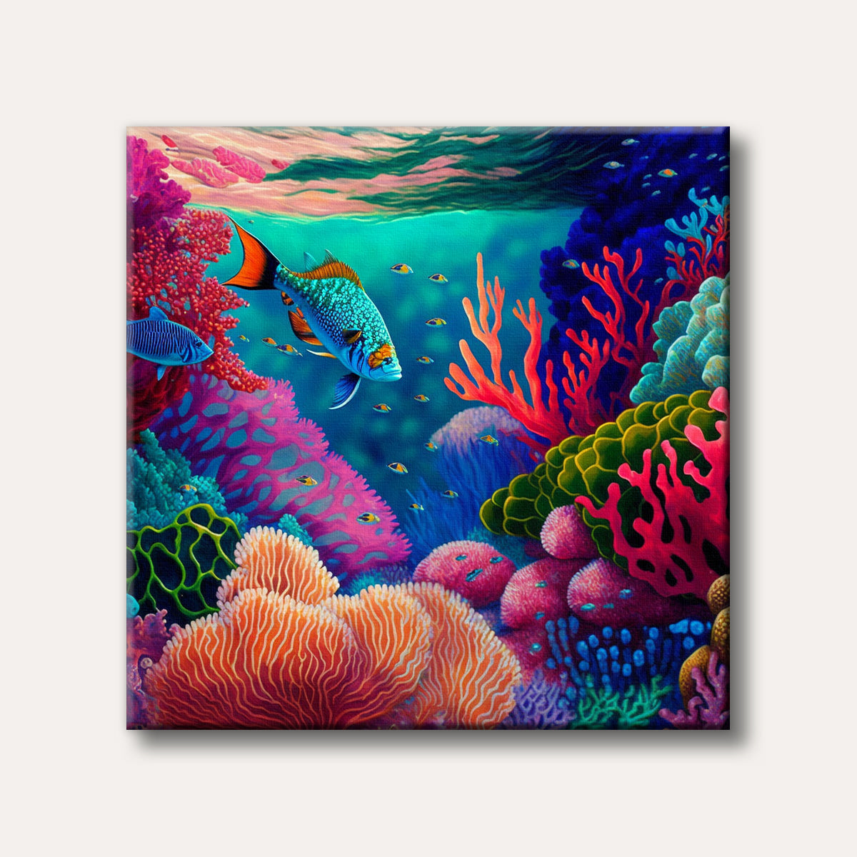 A highly vibrant and detailed illustration of a coral reef teeming with colourful fish and diverse corals in bright pink, orange, blue, and green hues.