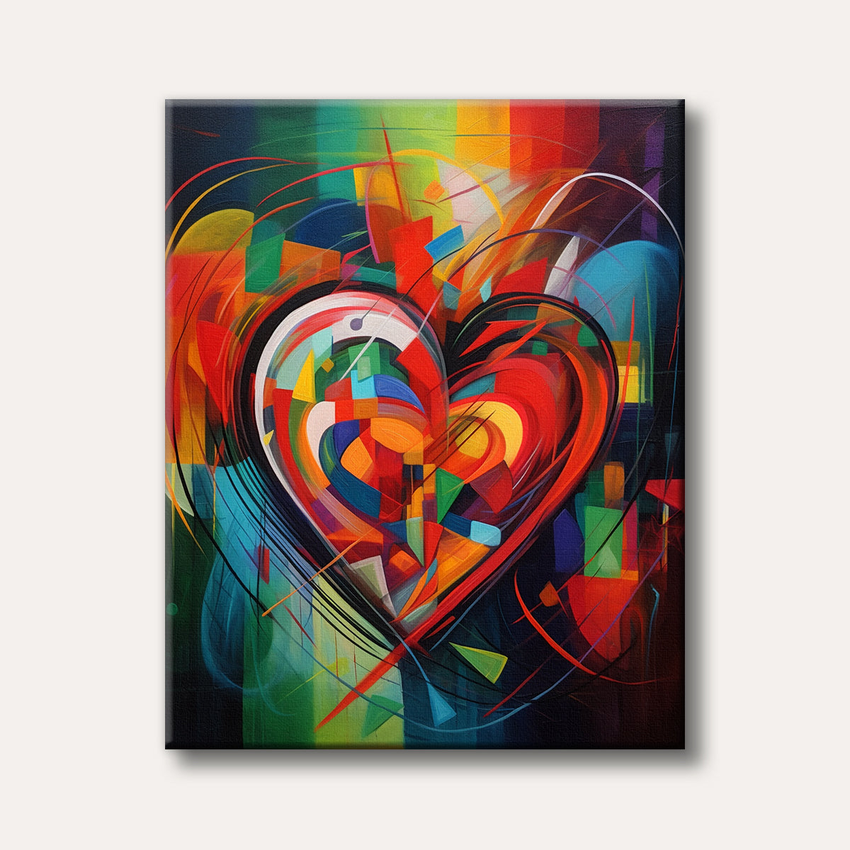An abstract painting depicting a vibrant heart shape composed of many colourful geometric fragments and dynamic swirling lines, set against a dark background, in a modern artistic style.