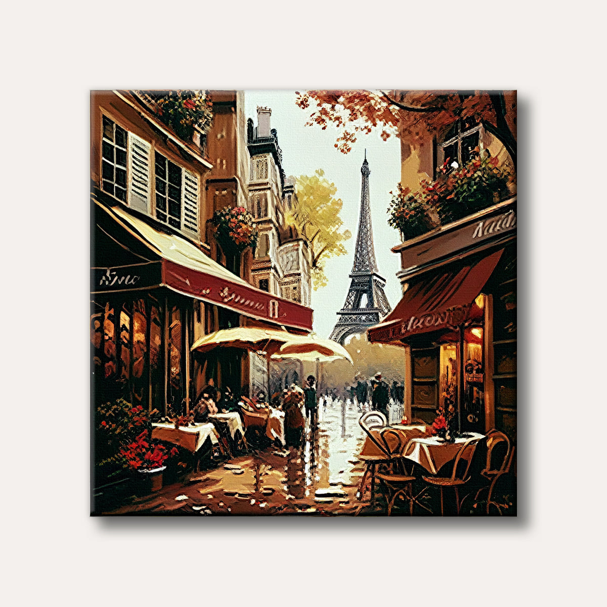 An impressionistic painting of a charming Parisian street cafe scene with outdoor tables and the distant Eiffel Tower, depicting a vibrant urban atmosphere.
