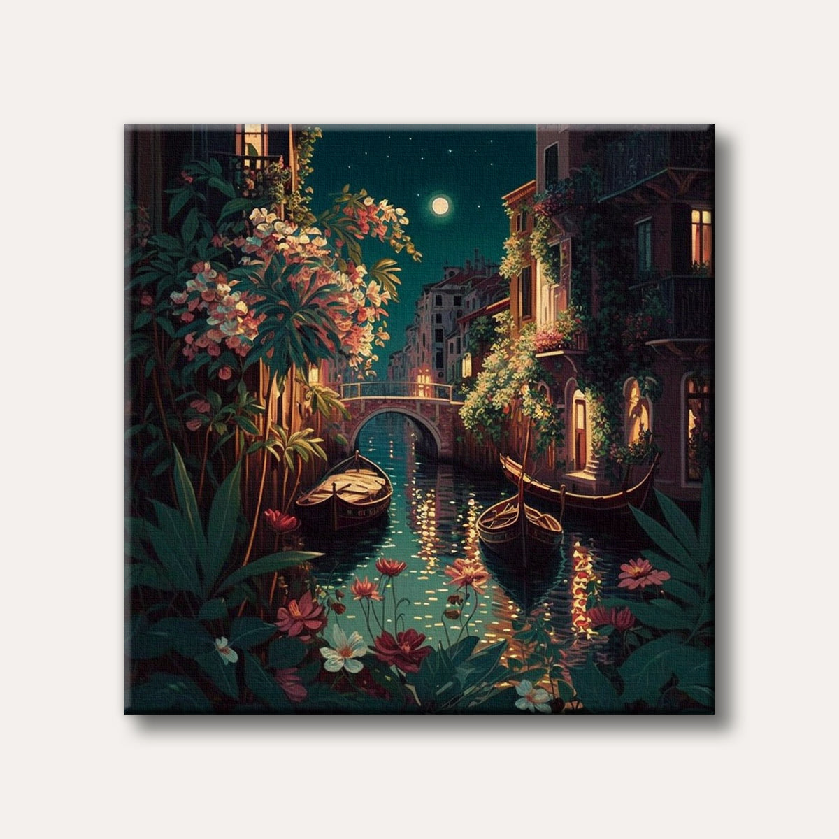 A vibrant painting depicts a moonlit canal scene with traditional boats, charming buildings adorned with lush flowers, and a stone bridge, all reflected in the glowing water.