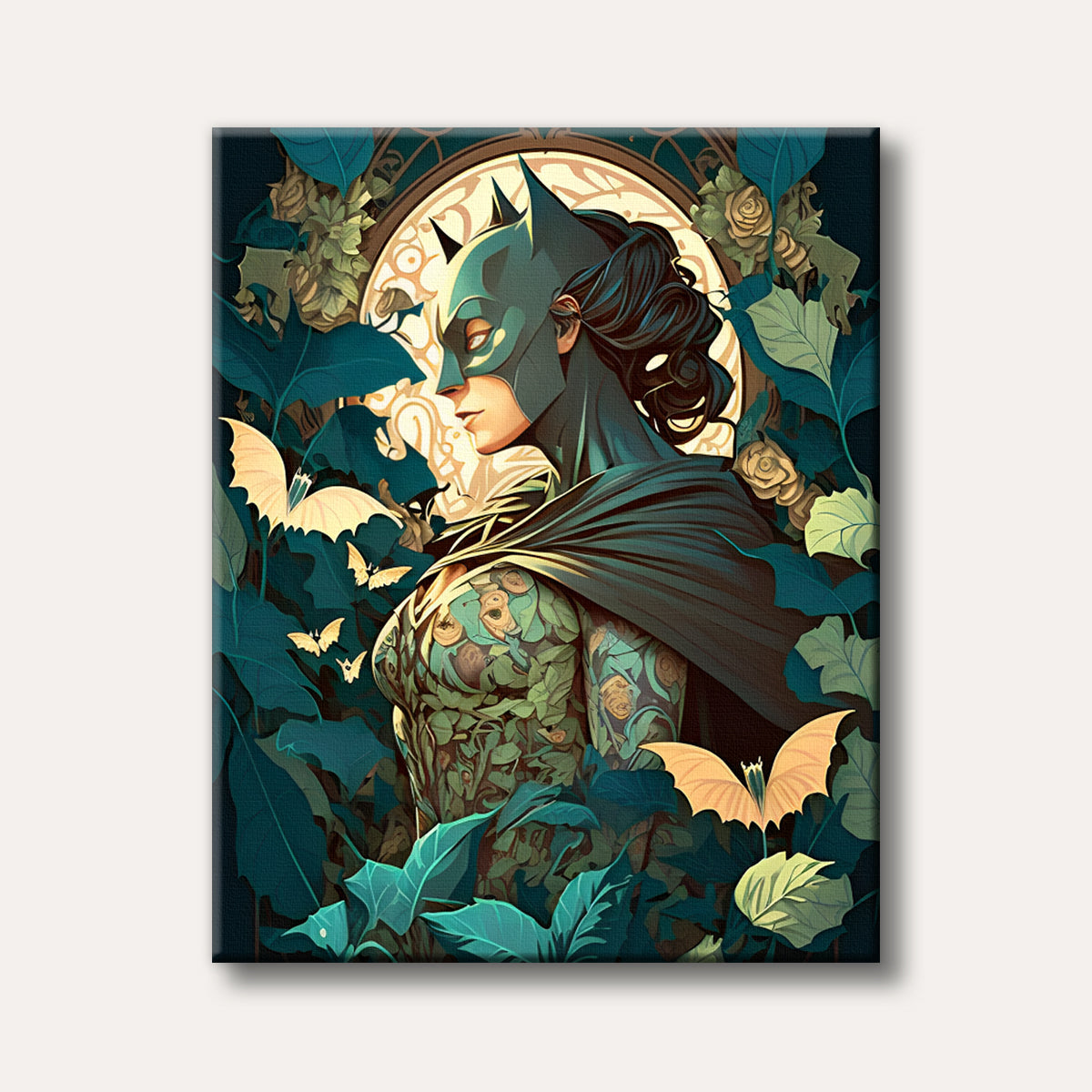 An elegant female superhero figure reminiscent of Batman, adorned with a botanical body pattern, stands amidst dark foliage and bats in an ornate Art Nouveau style.