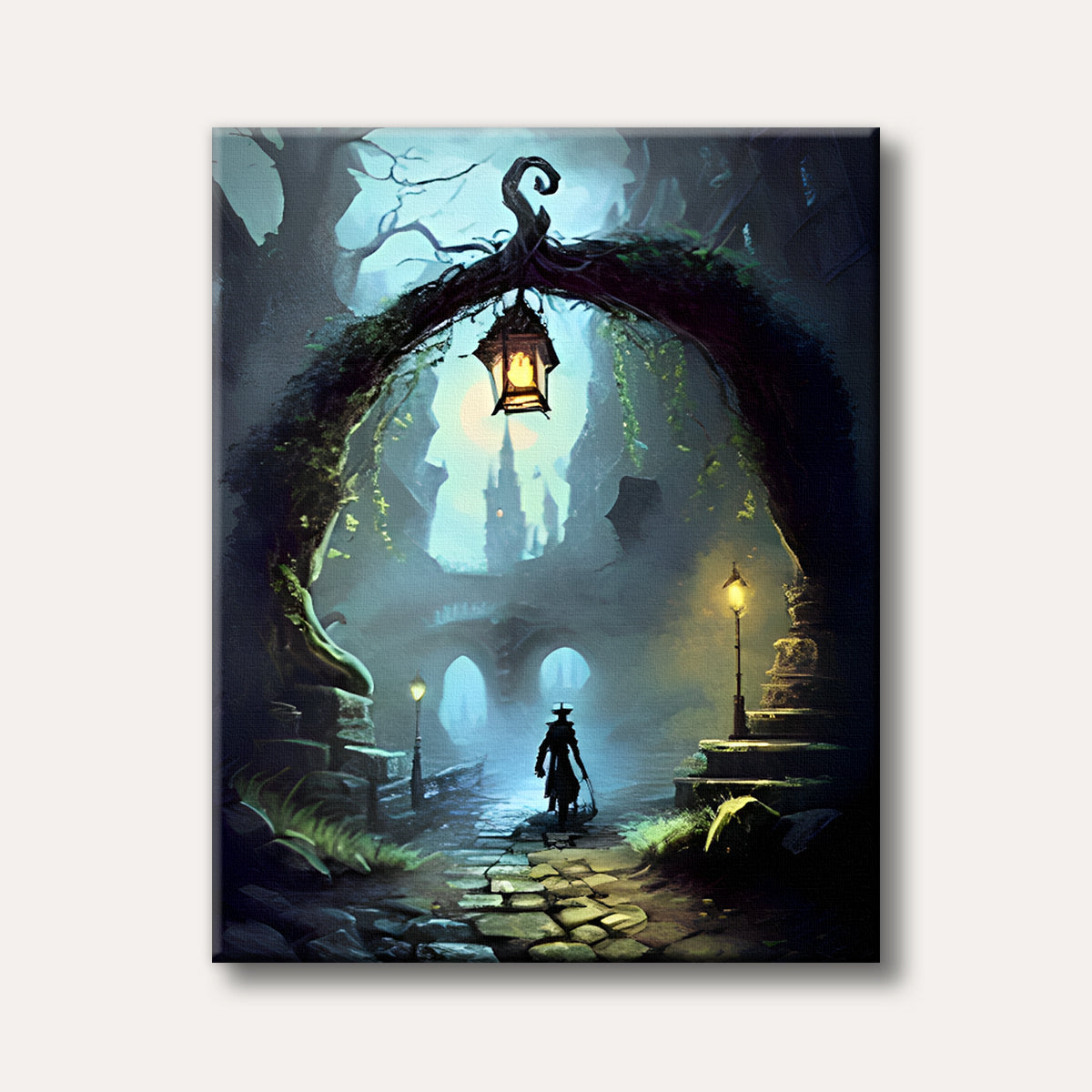 A lone figure walks through a stone archway lit by an antique lantern, leading to a misty, fantastical landscape with distant castles, rendered in a dark fantasy art style.