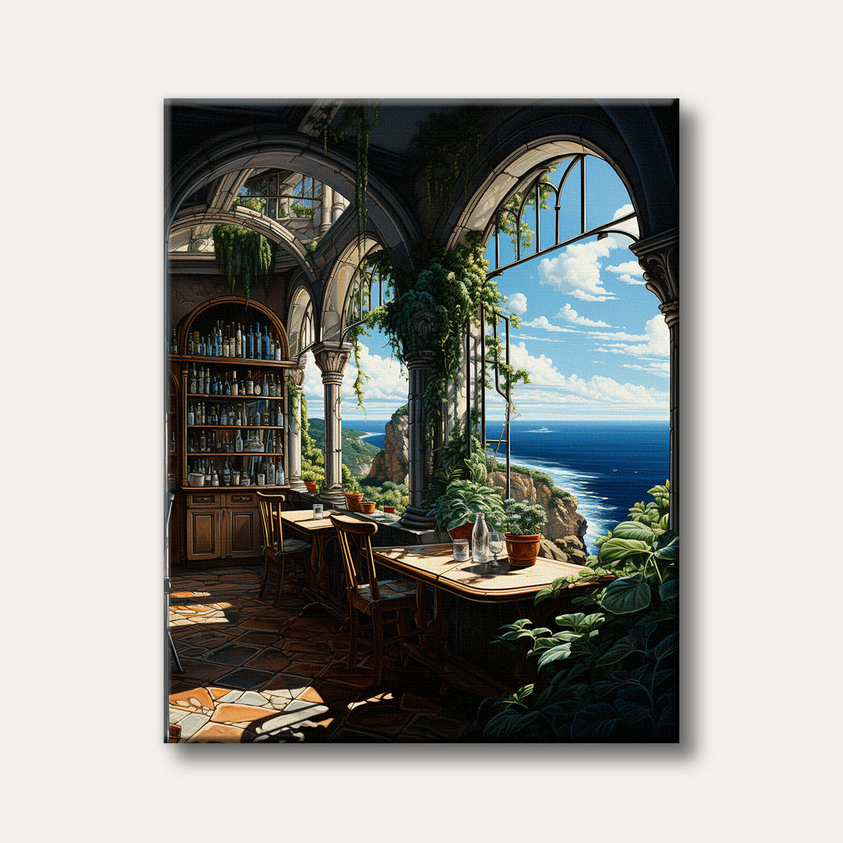 A detailed illustration of an elegant sunroom overlooking a dramatic coastal cliff and a vast blue ocean, filled with lush greenery and classical architecture.
