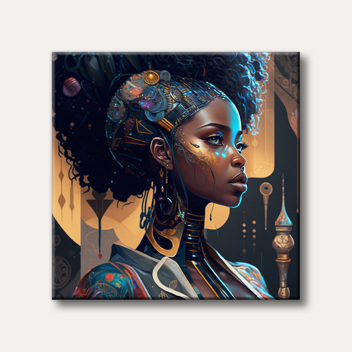 A striking portrait of a futuristic Black woman with intricate golden and metallic headwear, glowing blue accents, and an intense gaze, rendered in a detailed, vibrant sci-fi art style.