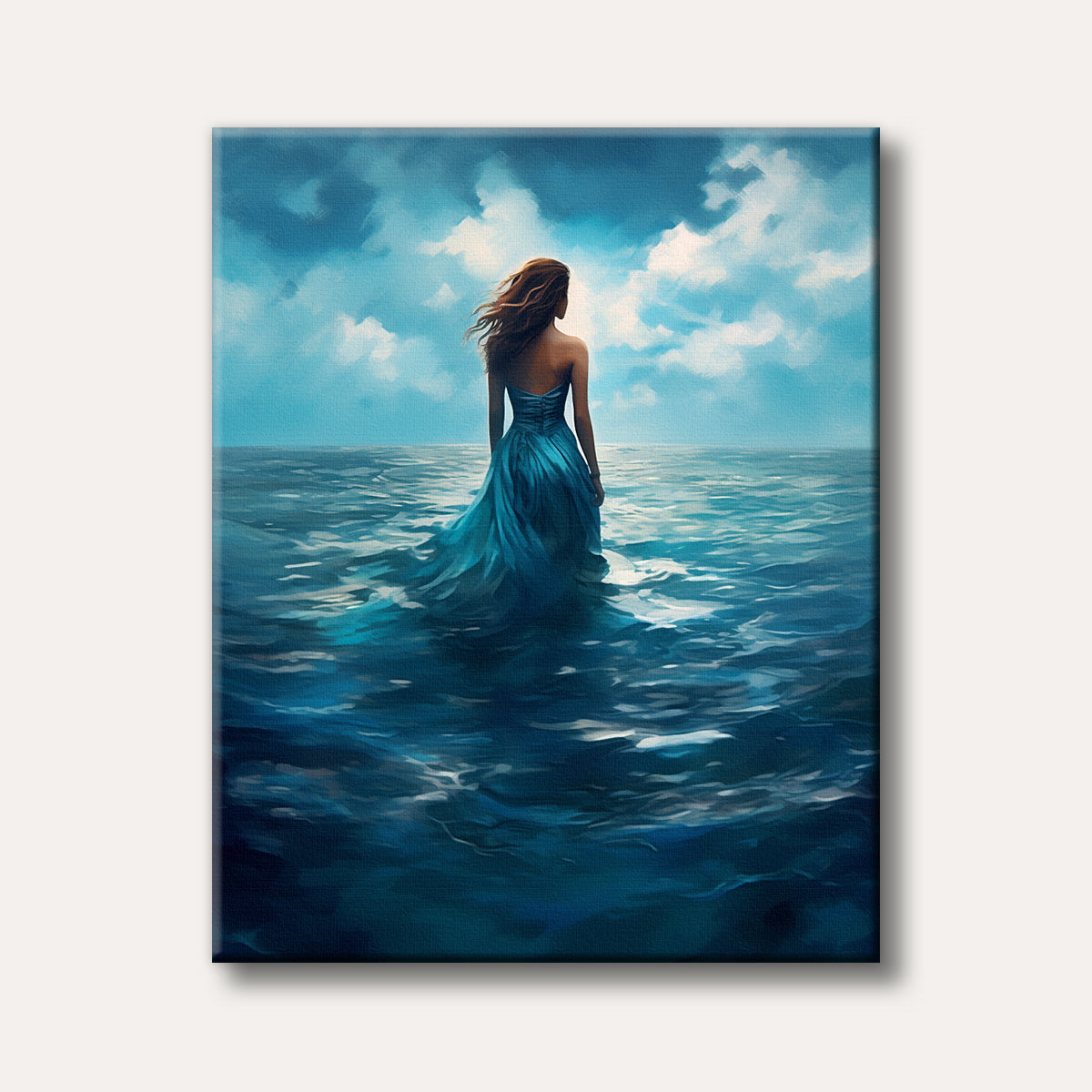 A woman in a flowing blue dress stands in a vast blue ocean, her back to the viewer, gazing at a dramatic cloudy sky, rendered in a painterly style.