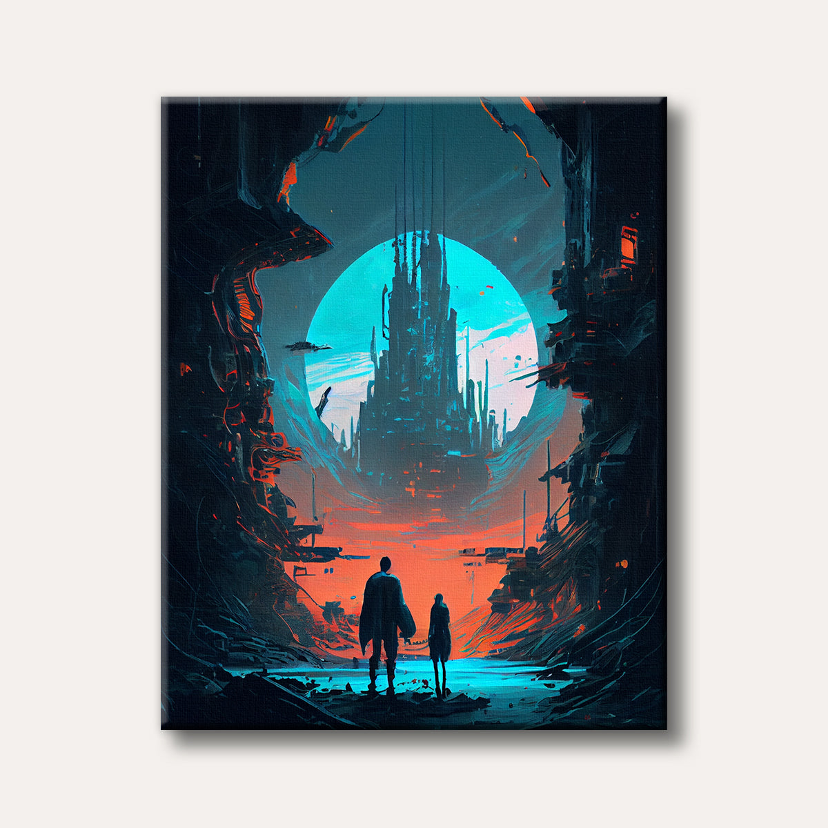 An abstract sci-fi painting depicting two silhouetted figures observing a futuristic city under a glowing teal moon, with dark, stylized terrain in the foreground.