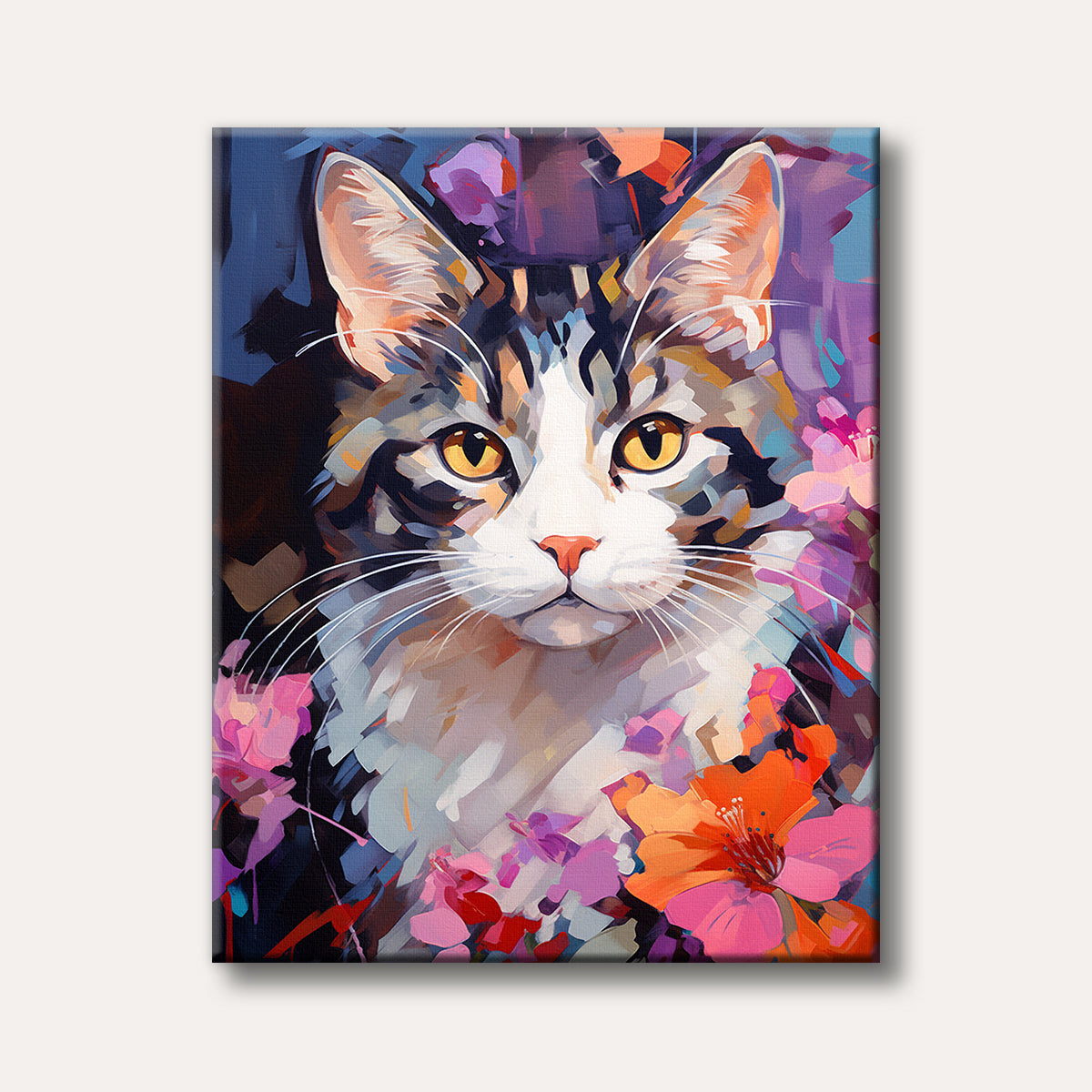 A vibrant, artistic painting of a domestic cat's face with bold, colourful brushstrokes and abstract floral elements in pink, purple, and orange.