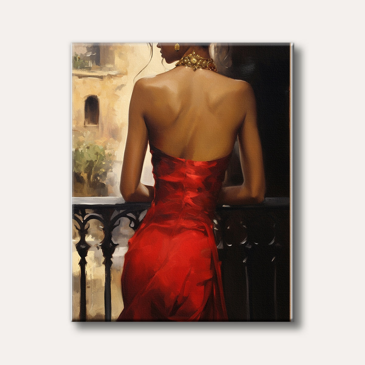 A painterly depiction of an elegant woman in a vibrant red dress and gold jewelry, viewed from behind, standing on a balcony overlooking an old-world cityscape.