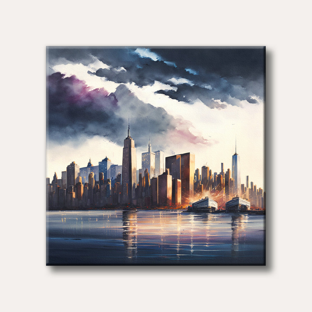 A dramatic watercolour painting depicting a modern city skyline at sunset with illuminated buildings, dark stormy clouds, and their reflections in the water.