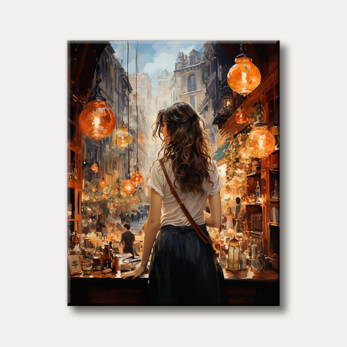 A woman looks out from a warm, brightly lit interior through a window onto a busy, old-world European city street, depicted in a rich, impressionistic painting style.