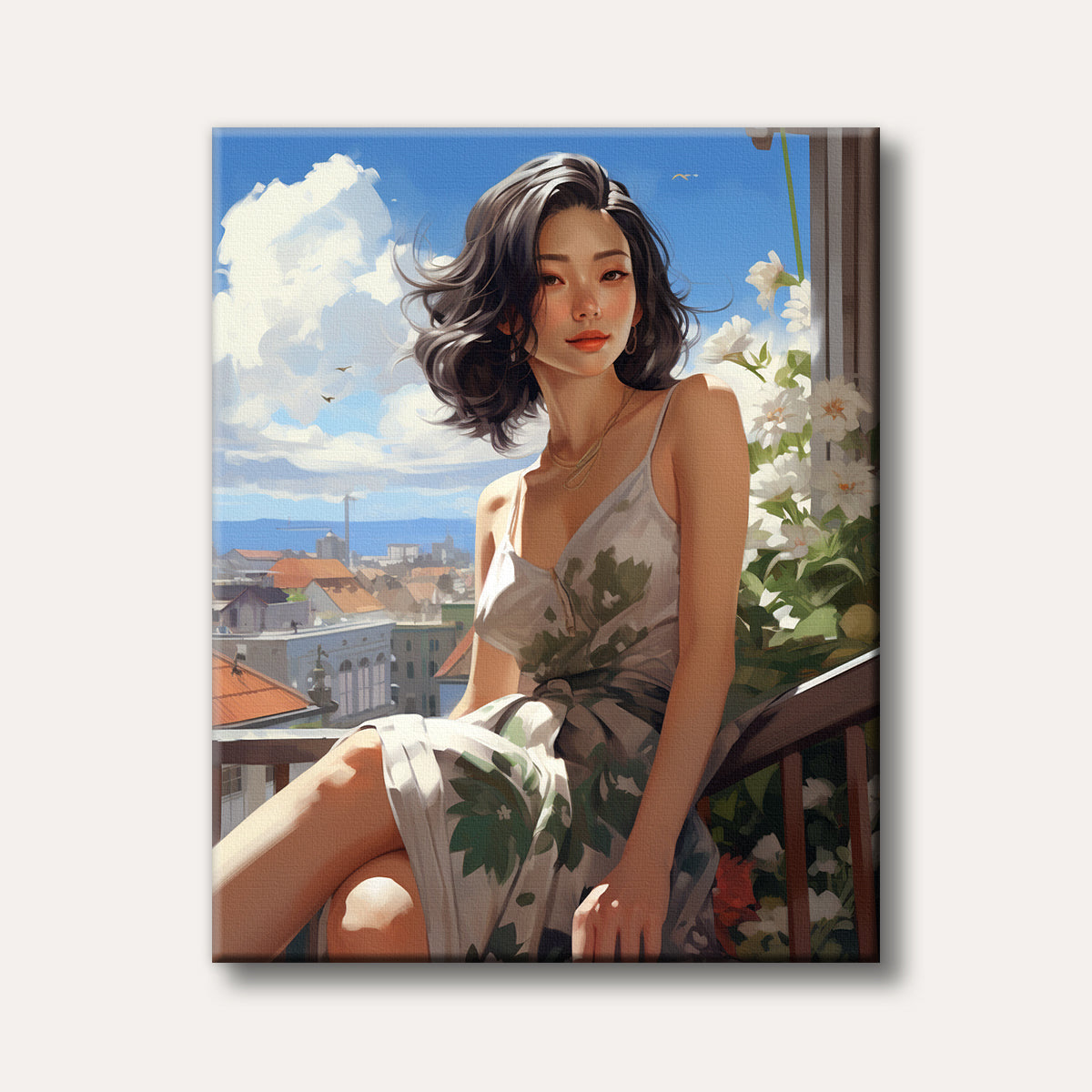 A charming young woman with short dark hair sits on a sunny balcony overlooking a bustling city, painted in a vibrant and realistic style.