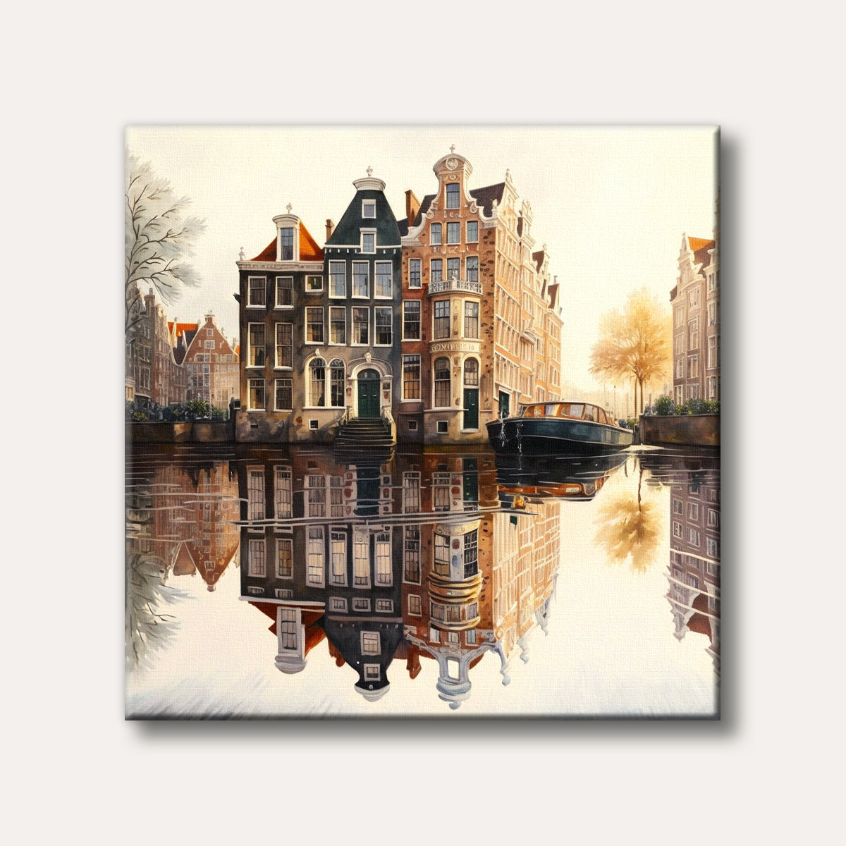A watercolour painting of classic Amsterdam canal houses reflecting perfectly in the still canal waters under a soft, golden sky, with a dark boat moored nearby.
