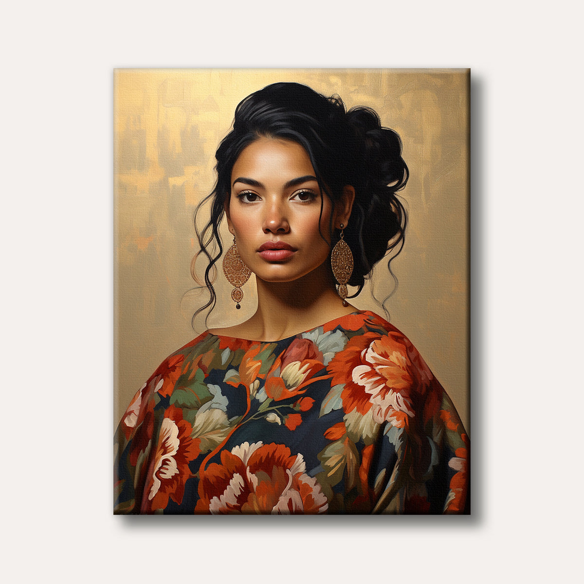 A realistic portrait painting of a beautiful woman with dark hair and gold earrings, wearing a vibrant floral top against an impressionistic golden background.