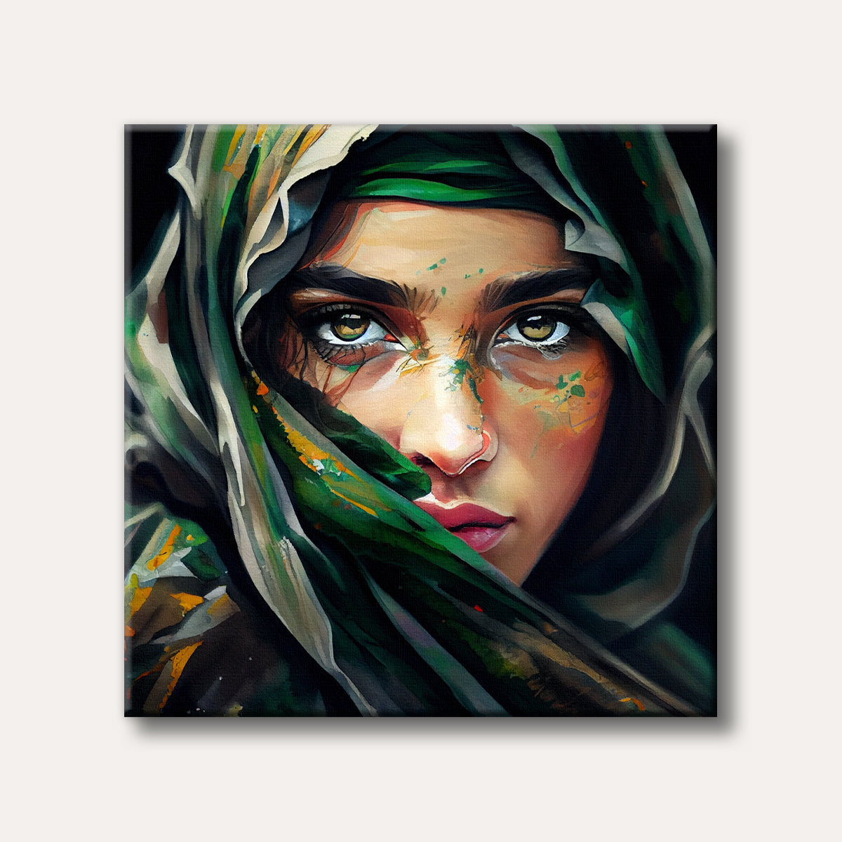 A captivating portrait of a woman with an intense gaze, partially covered by a flowing green and gold abstract veil, rendered in a watercolour and expressive style.