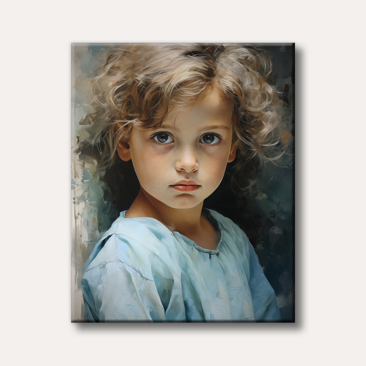 A realistic oil painting portrait of a young child with blonde curly hair and large dark eyes, wearing a light blue garment, gazing directly forward with a curious and innocent expression.