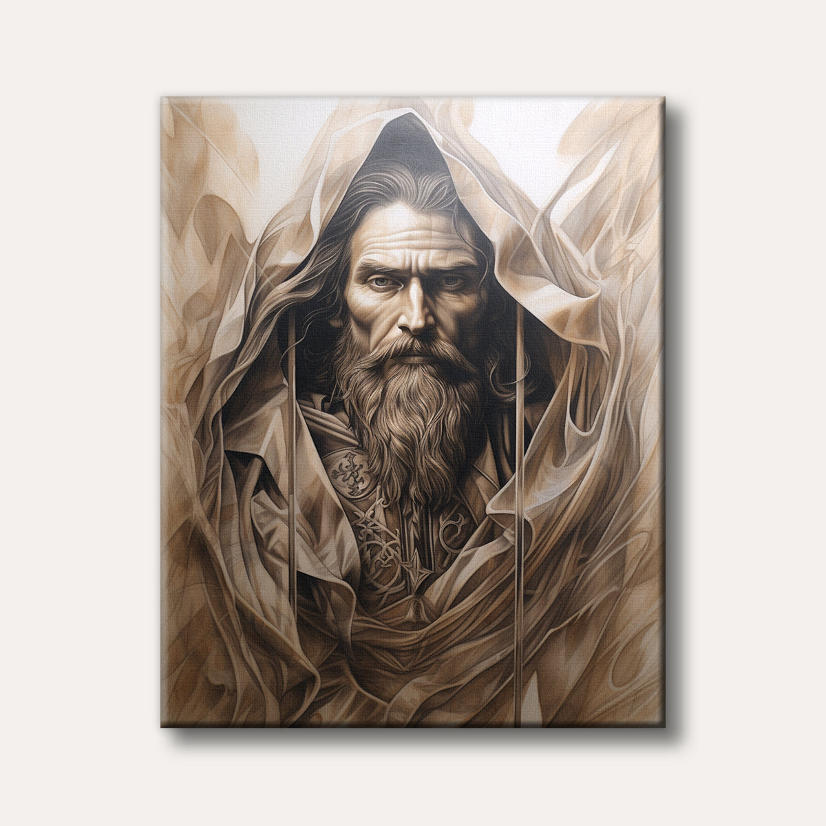 A powerful monochromatic portrait of an old, wise man with a long beard and flowing hood, depicted in a realistic and dramatic drawing style.
