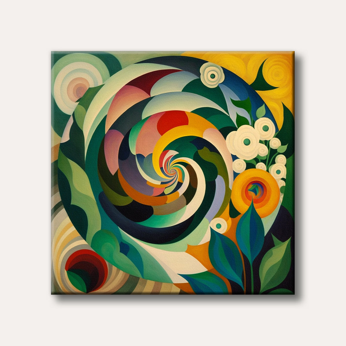 An abstract painting featuring a vibrant, multi-coloured spiral at its center, surrounded by stylized leaves and white flowers, rendered in a modern geometric art style.