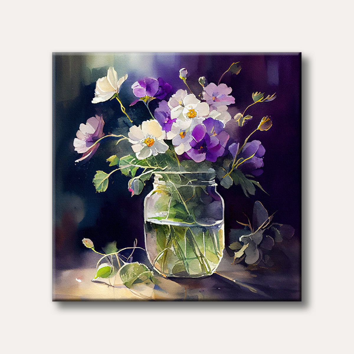 A watercolour painting depicting a bouquet of white and purple flowers in a glass jar, illuminated by soft light against a dark background, conveying a serene and delicate mood.