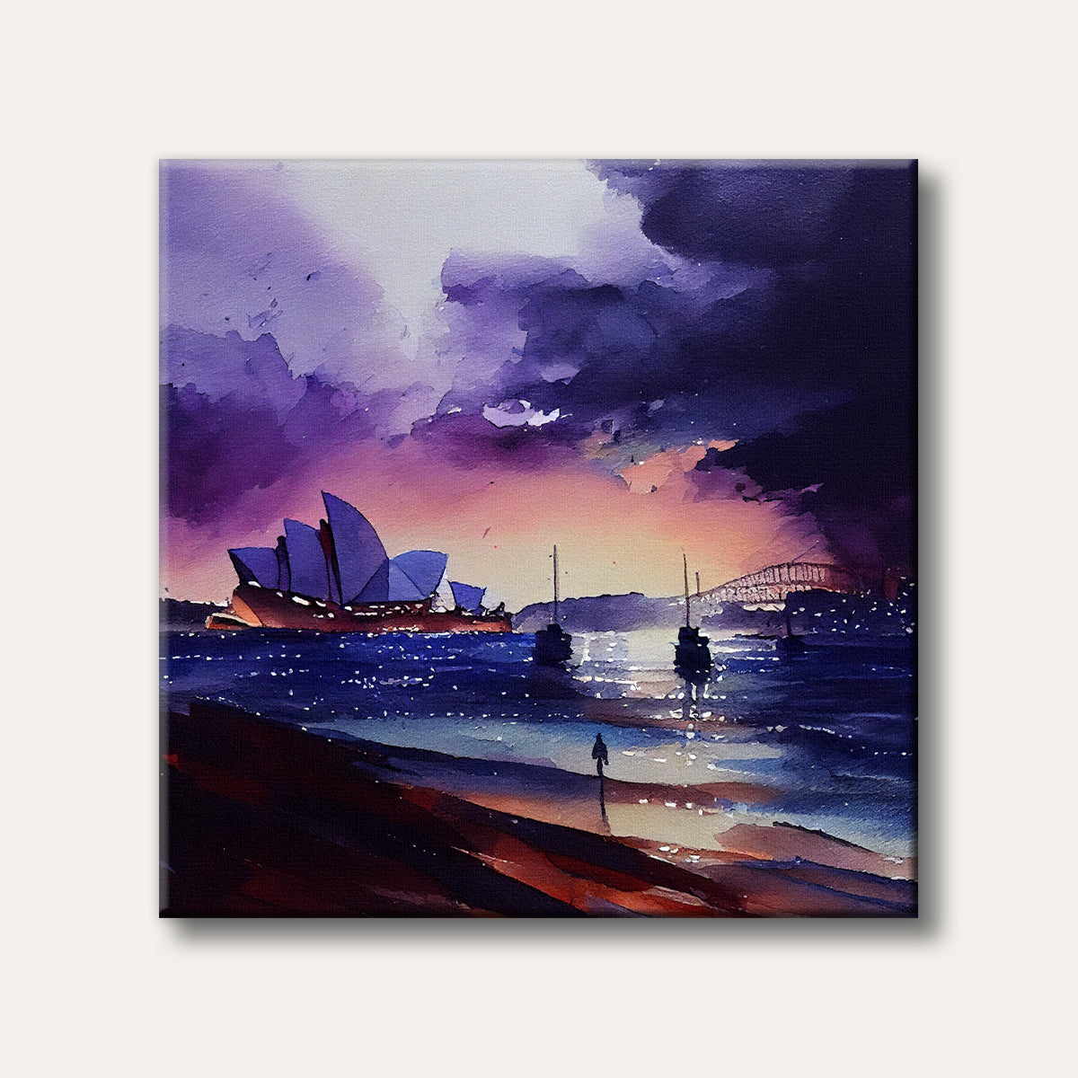 A vibrant watercolour painting of the Sydney Opera House and Harbour Bridge at twilight, featuring deep purples, blues, and warm pinks reflecting on the water, with a lone figure on the shore.
