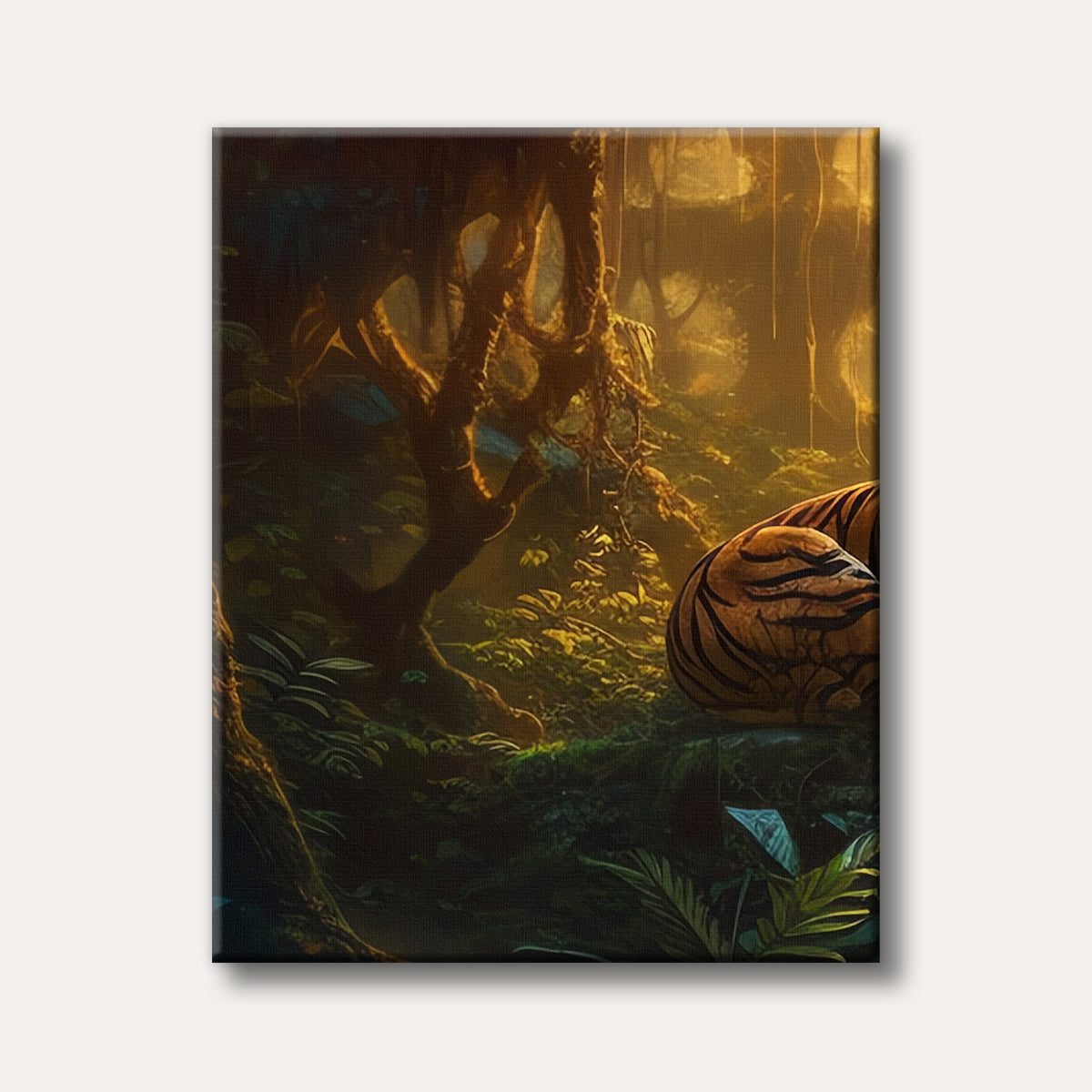 A partially visible tiger with orange and black stripes lies hidden in a lush, mystical jungle bathed in warm golden light, rendered in a realistic and detailed style.