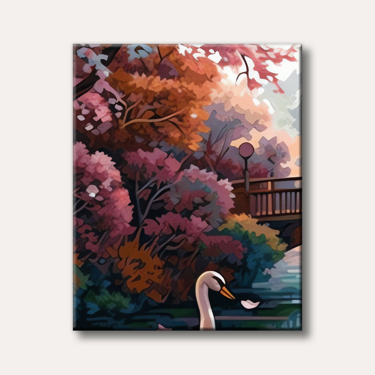 A painting of a graceful white swan floating on a calm pond, framed by vibrant red and orange autumn trees and a small bridge in the background, in a stylized, artistic render.