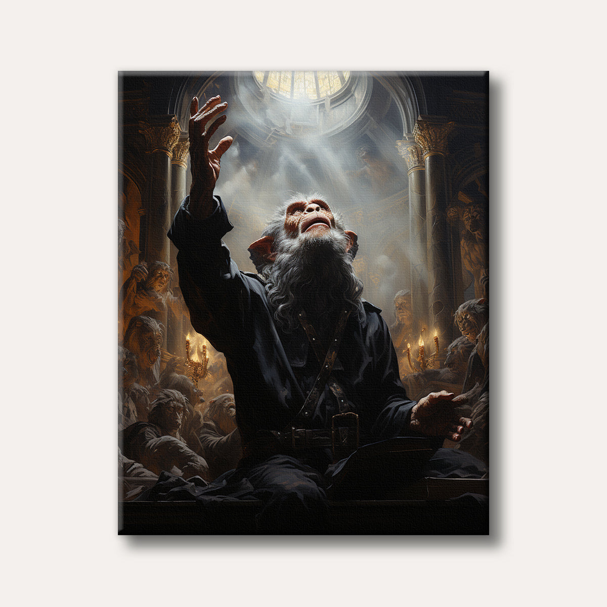 An elderly, anthropomorphic ape-like figure with a long white beard reaching upwards towards a bright, heavenly light streaming from a high dome in a grand, ornate hall, depicted in a realistic fantasy art style with a solemn mood.