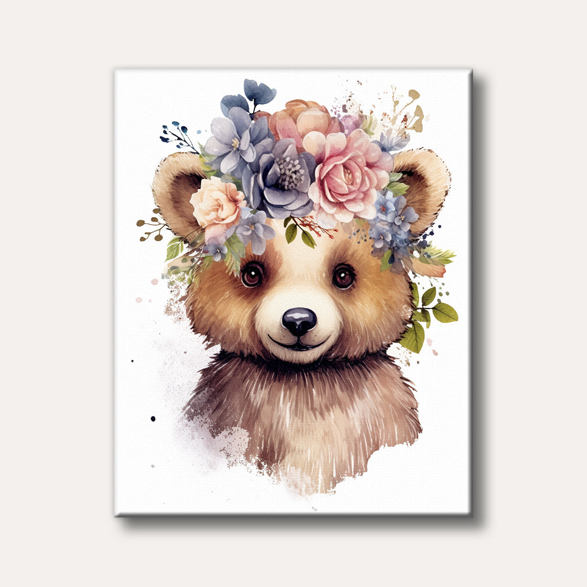 A charming watercolour illustration of a baby bear wearing a beautiful floral crown, rendered in soft, pastel tones with paint splatters.