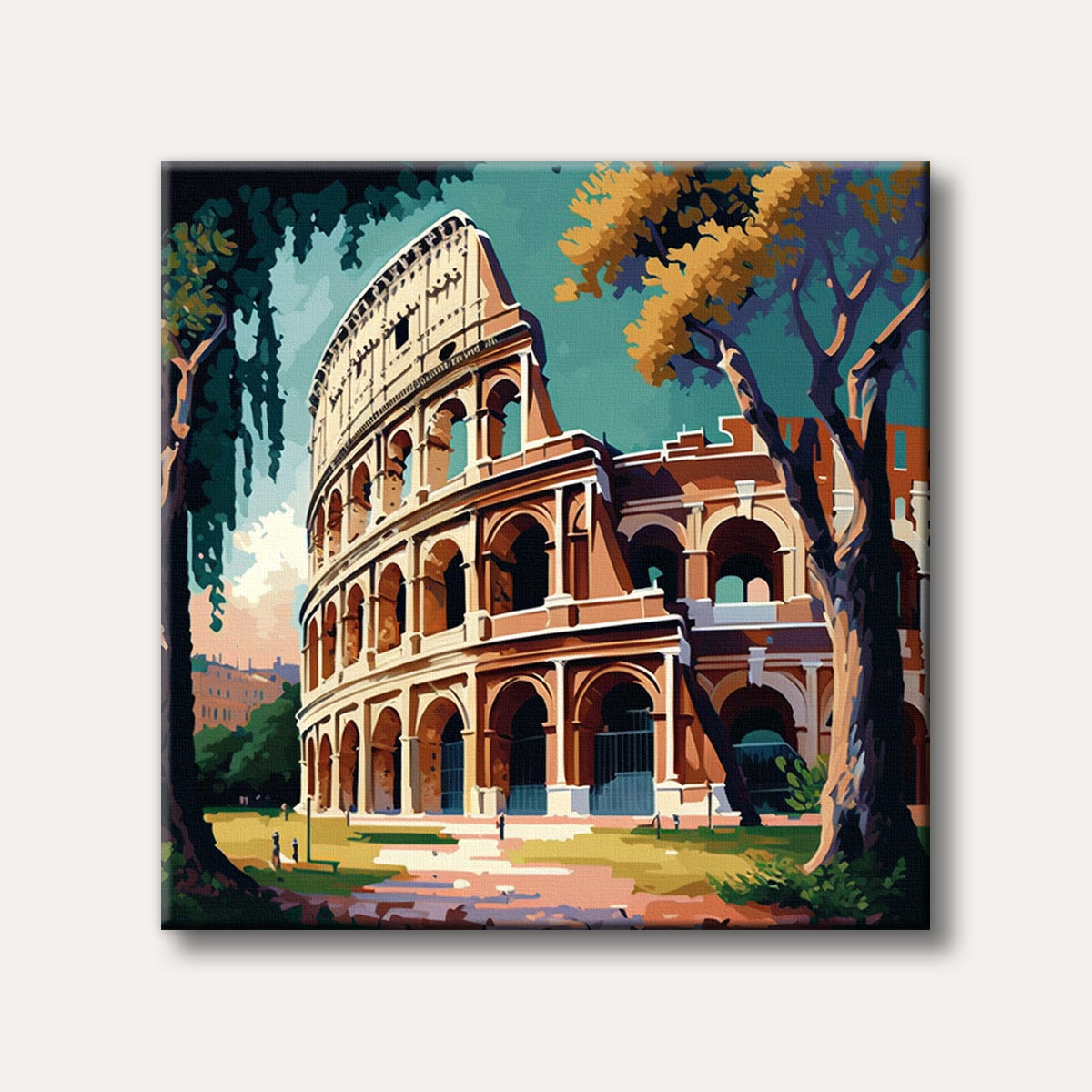 A vibrant, stylized illustration of the ancient Roman Colosseum at daytime, framed by lush trees, depicting its grandeur and historical significance.
