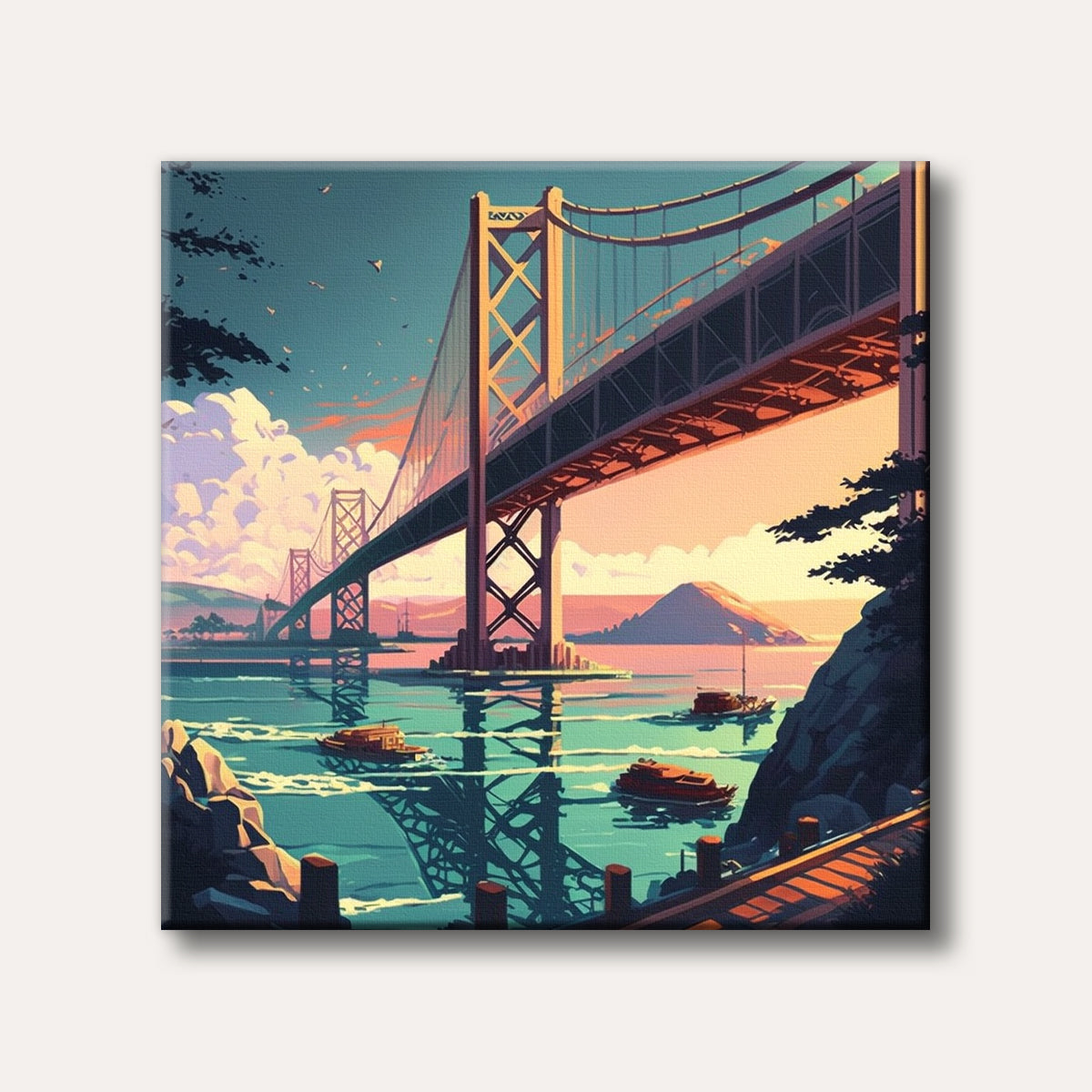 A vibrant, stylized painting of a majestic suspension bridge reflecting over calm waters during a colourful sunset, with small boats and distant mountains.