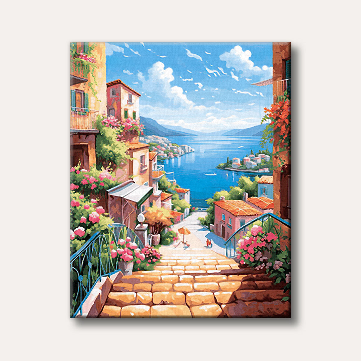 A vibrant painting of a sun-drenched Mediterranean coastal village featuring colourful houses, lush pink flowers, and stone steps leading down to a tranquil blue bay under a bright sky.