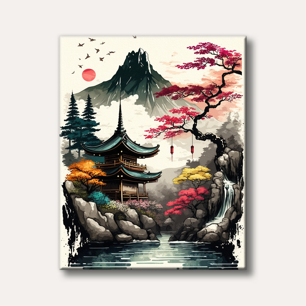A vibrant Japanese landscape painting depicting a traditional pagoda, a large mountain, and a waterfall amidst colourful autumn trees under a red sun with flying birds.