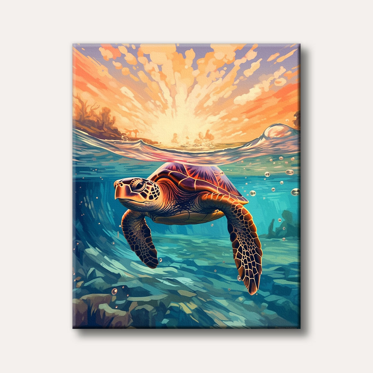 A majestic sea turtle glides gracefully through crystal-clear blue water, with a vibrant sunset casting orange and gold light from the surface above, depicted in a bright, illustrative style.