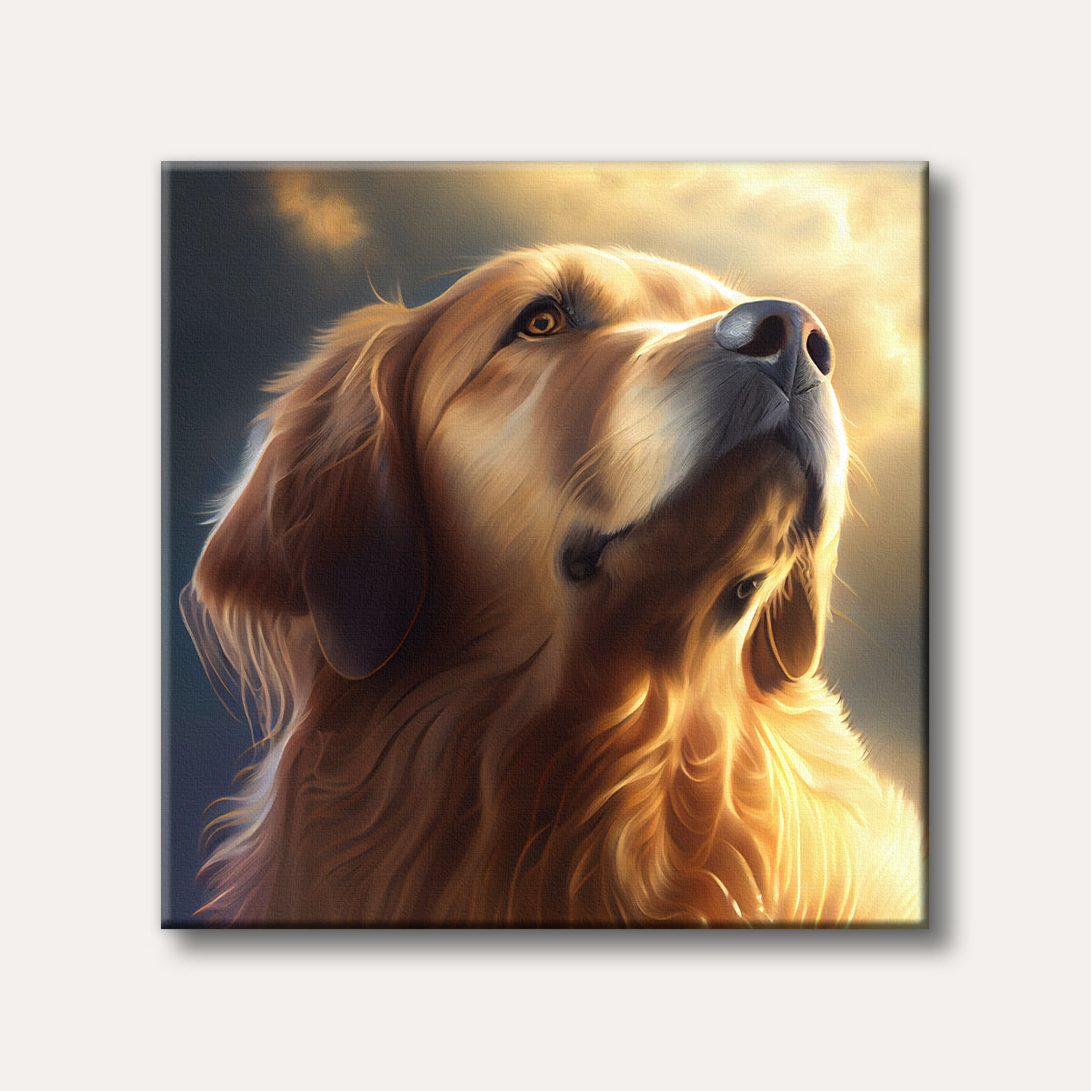 A close-up, realistic digital painting of a golden retriever looking upwards, bathed in warm, golden light against a dark background.
