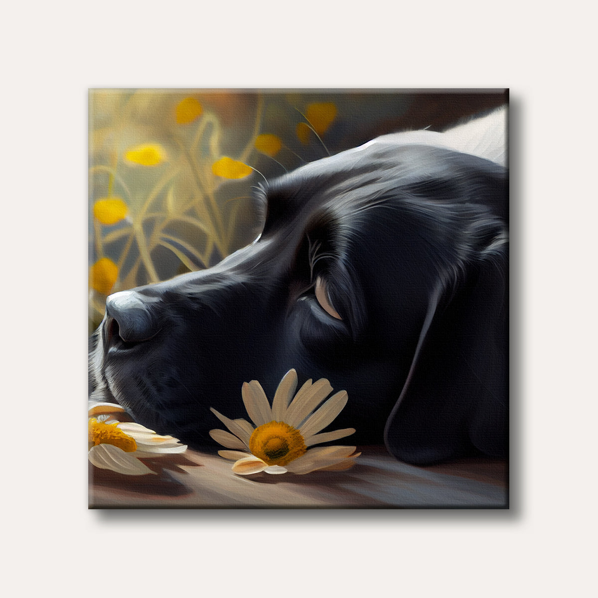 A close-up painting of a black dog resting peacefully with white and yellow daisies nearby, set against a soft, blurred yellow floral background in a painterly style.