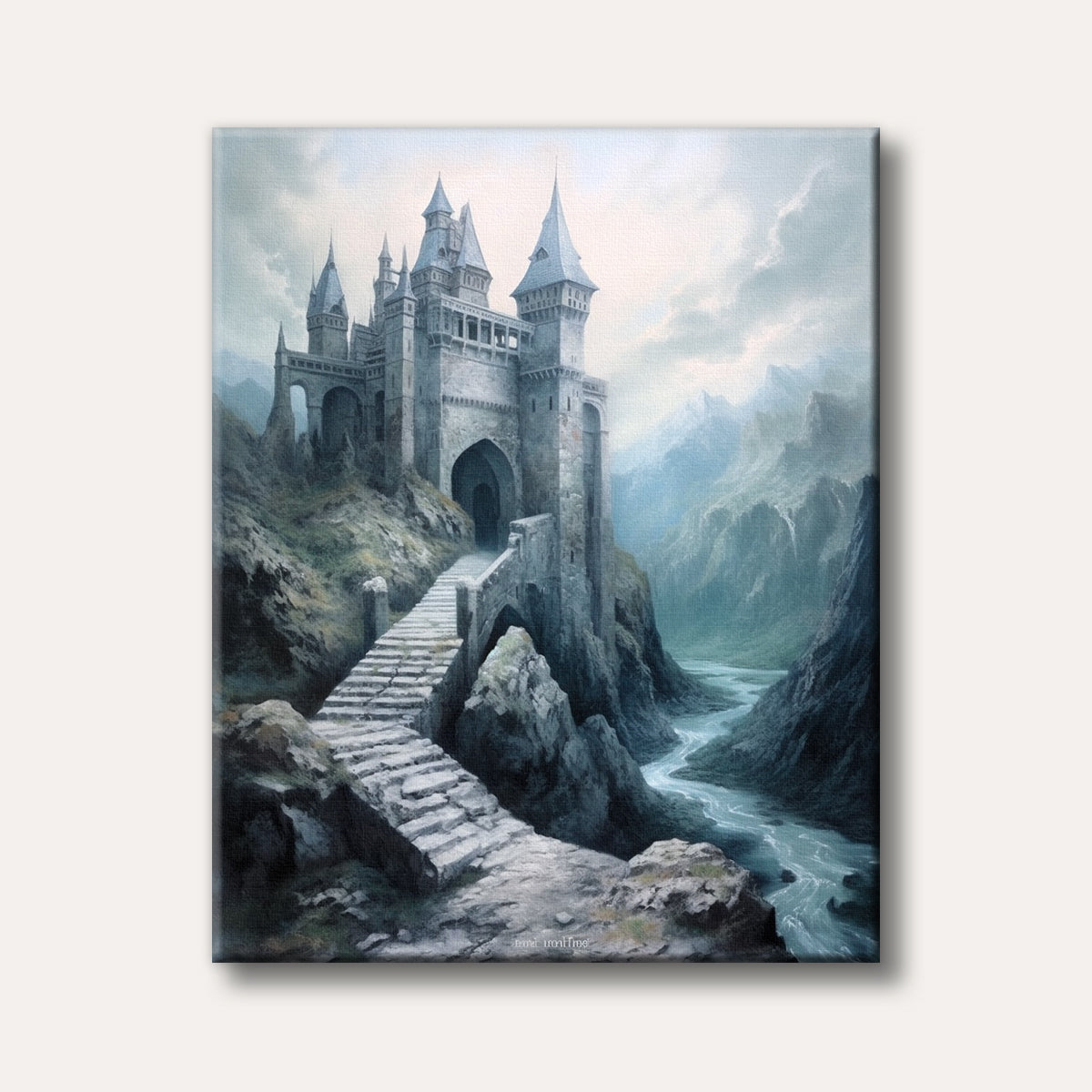 A grand fantasy castle perched on a rocky cliff overlooking a winding river and misty mountains, rendered in a detailed and atmospheric style.