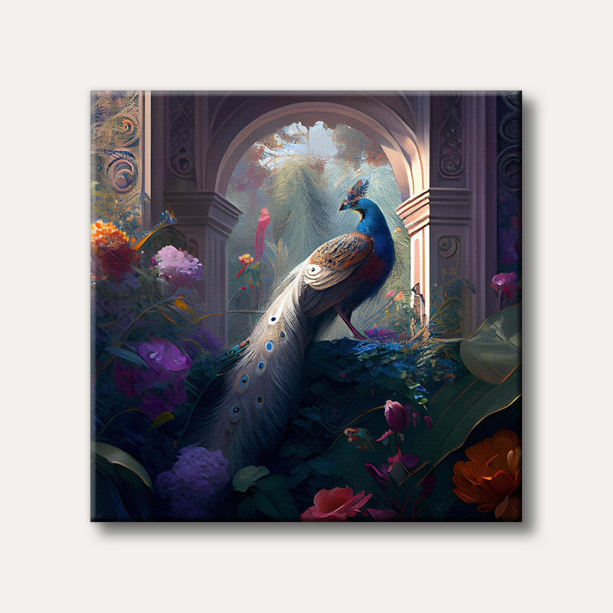 A regal peacock with vibrant blue and white plumage stands in a lush, colourful garden with an arched architectural background, painted in a fantastical, impressionistic style.