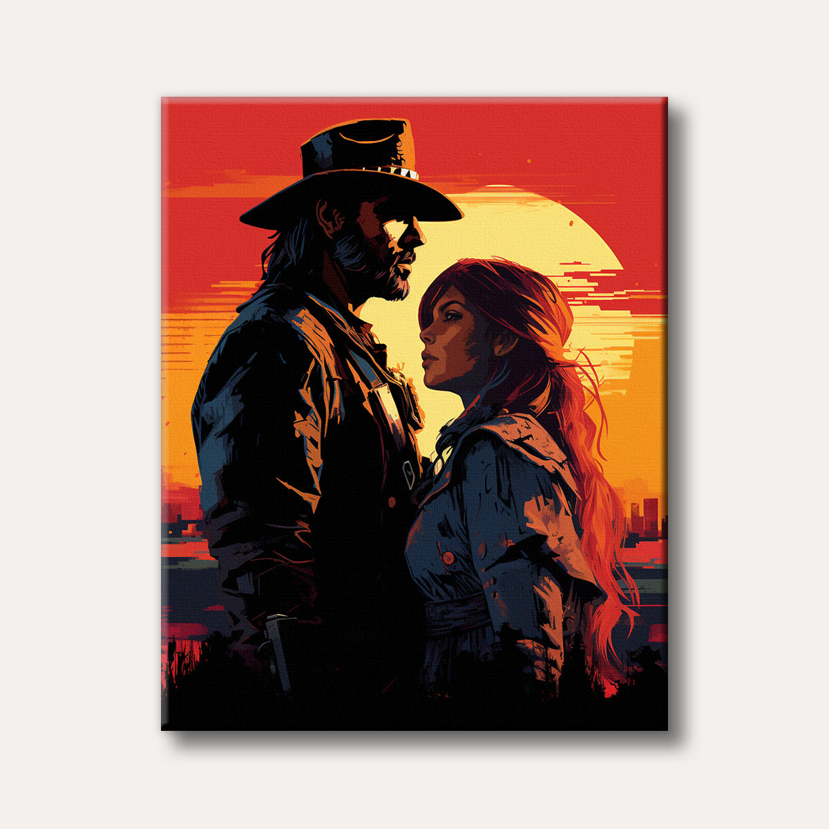 A dramatic illustration of a man in a cowboy hat and a woman looking at each other, silhouetted against a vibrant red and orange sunset in a gritty, graphic novel style.