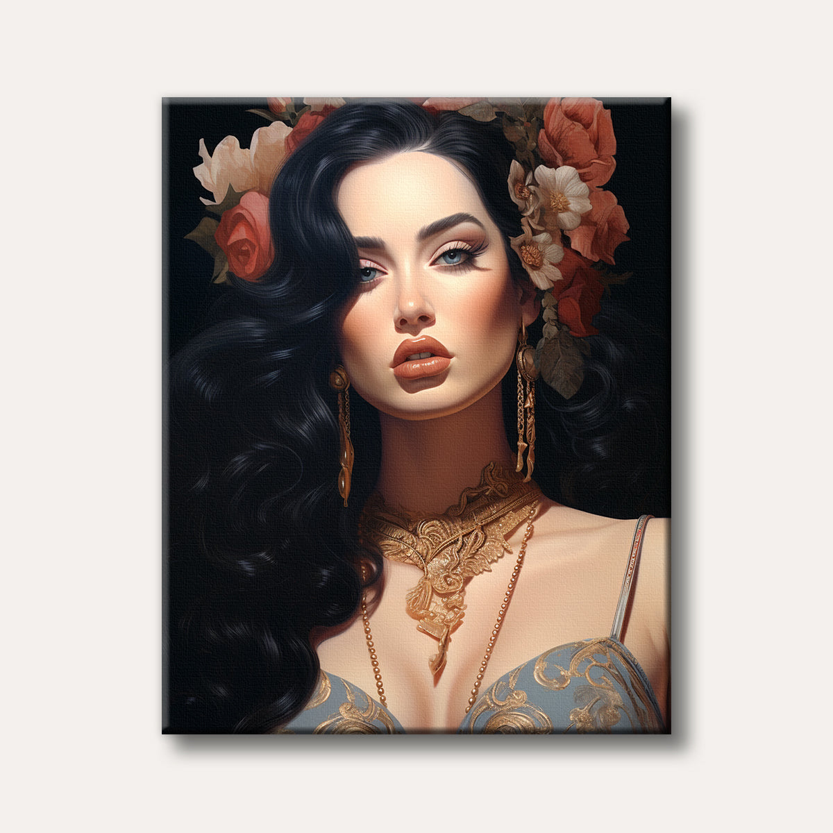 A striking portrait of a glamorous woman with dark wavy hair, blue eyes, adorned with a floral crown and elaborate gold jewelry, painted in a realistic style.