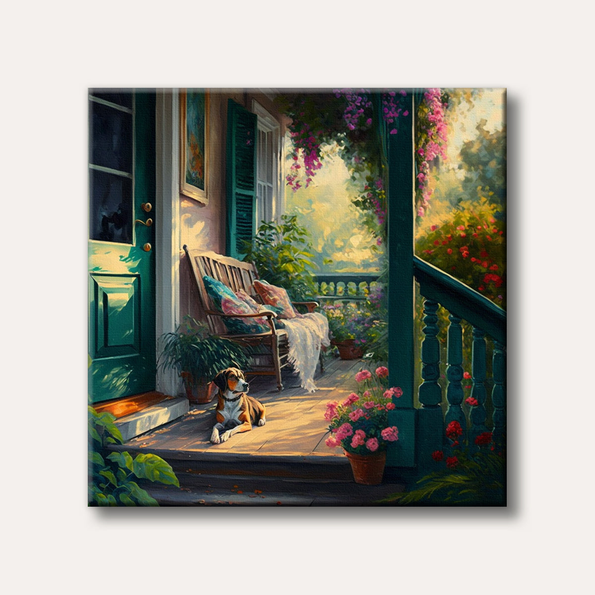 A peaceful scene of a brown and white dog resting on a sunlit wooden porch, adorned with lush green plants and vibrant pink flowers, painted in an impressionistic style.