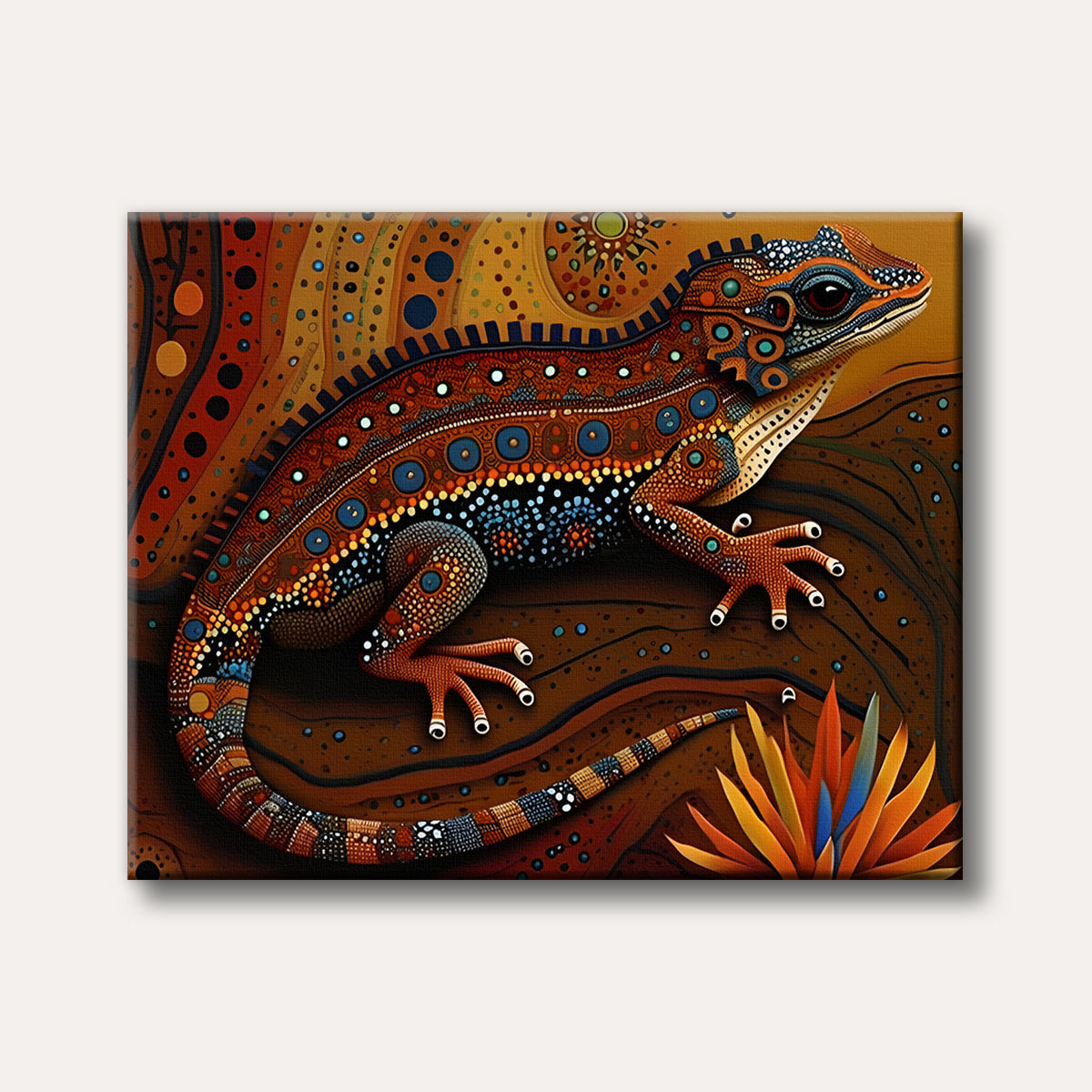 A vibrant lizard adorned with intricate Aboriginal dot art patterns, set against a warm, earthy background with stylized natural elements, depicted in a highly decorative and artistic style.