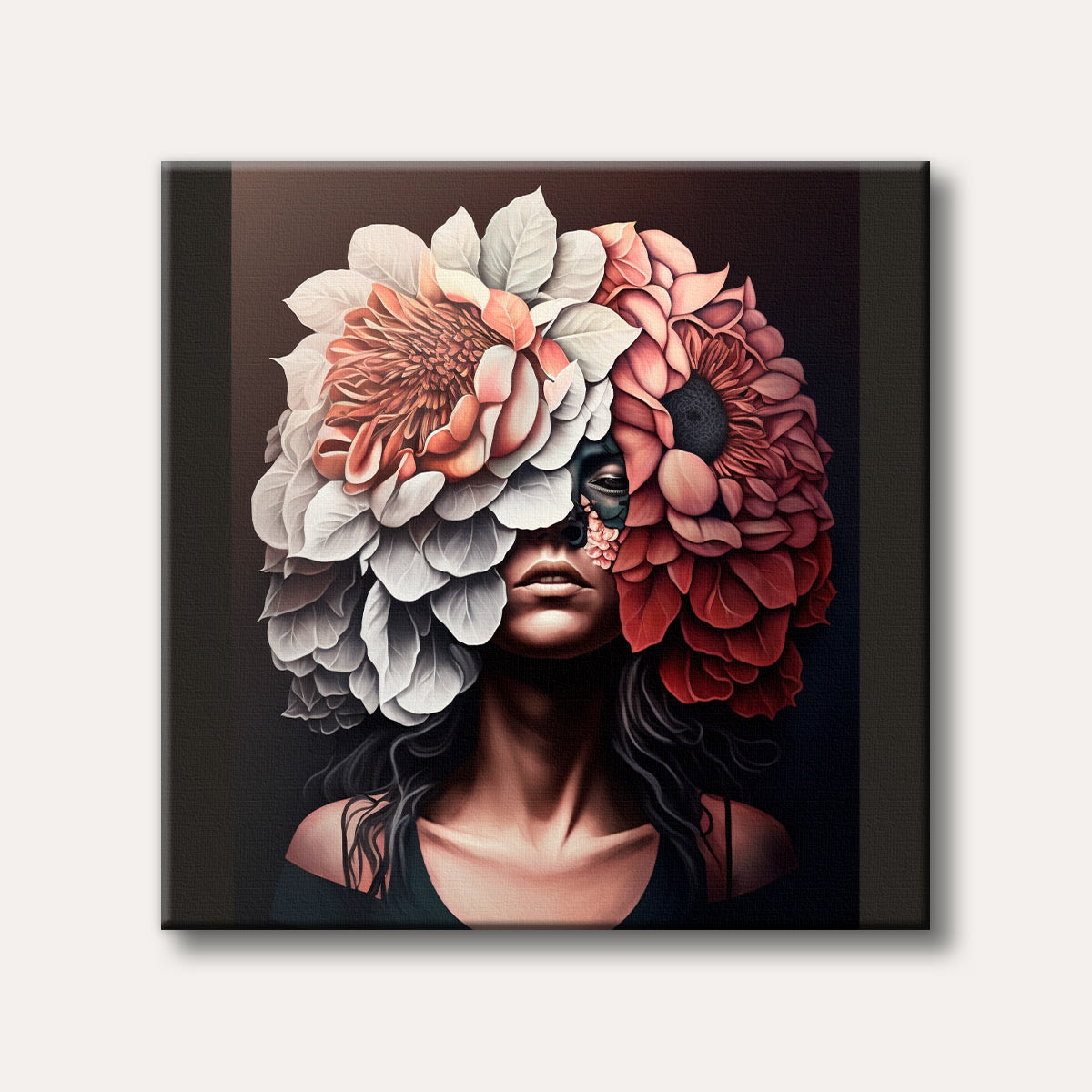 A surreal portrait of a woman whose head is adorned with voluminous white, peach, and deep red flowers, covering most of her face except for her lips and one eye, set against a dark background.